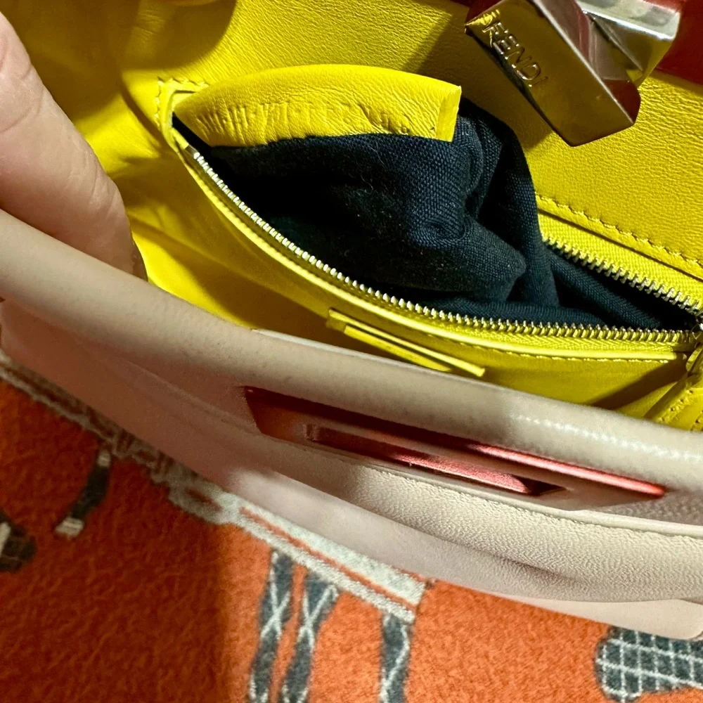 Fendi Peekaboo Cream/blush Leather Satchel with Red Handle and Silver Hardware